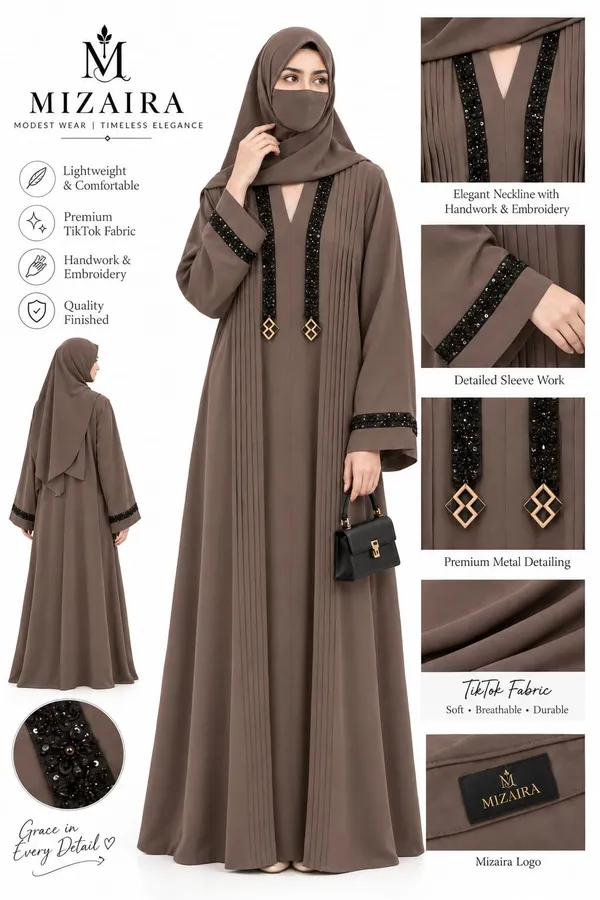 Brown_Tik_Tok_Pleated_Embellished_Abaya_For_Women