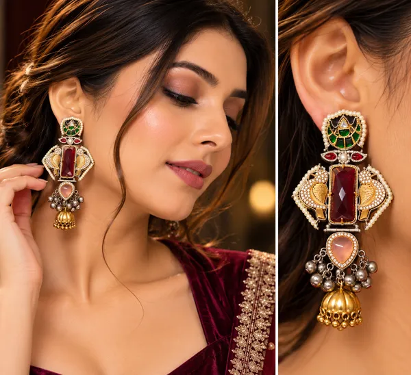 Rivsam_Mahira_Heritage_Maroon_Statement_Jhumka_Earrings