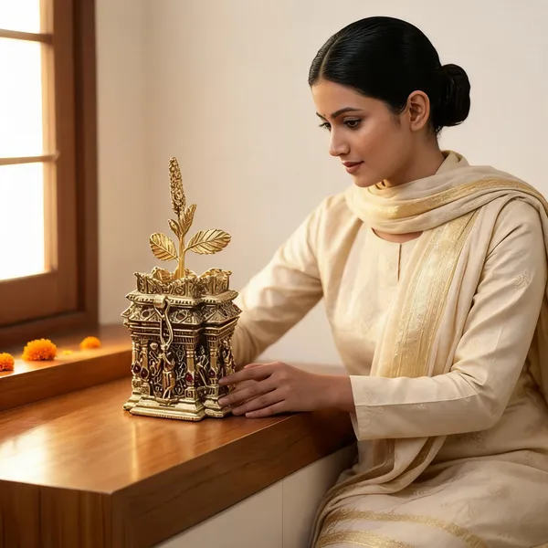 Copper_Base_With_Gold_Plated_Tulsi_Radhakrishna_Haldi_Kumkum_Karande