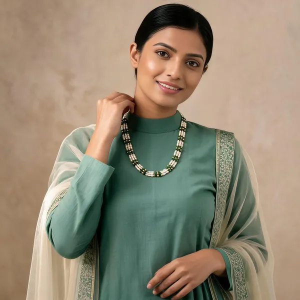 Copper_Base_With_Gold_Plated_Triveni_Green_Crystal_And_Rice_Pearl_Mala