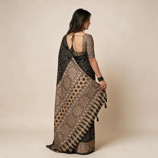 Black_Satin_Viscose_Ajrak_Print_Mirror_Work_Saree_For_Women