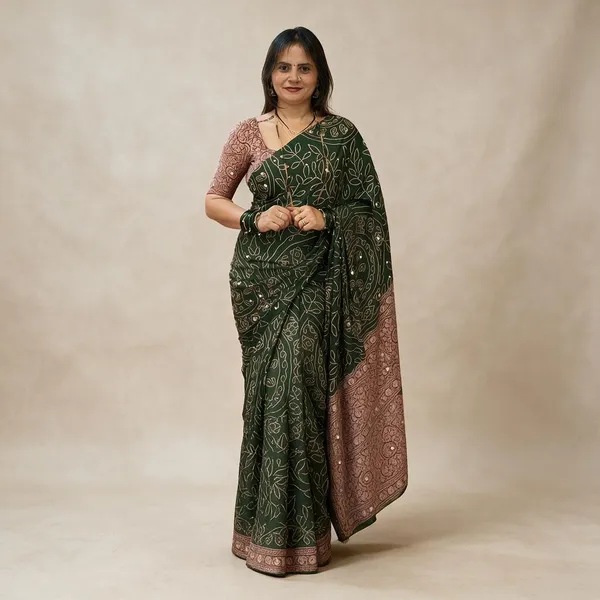 Green_Satin_Viscose_Ajrak_Print_Mirror_Work_Saree_For_Women