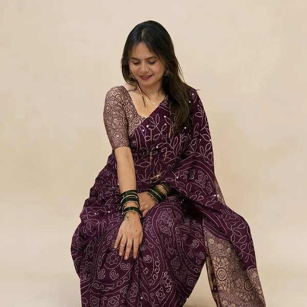 Purple_Satin_Viscose_Ajrak_Print_Mirror_Work_Saree_For_Women