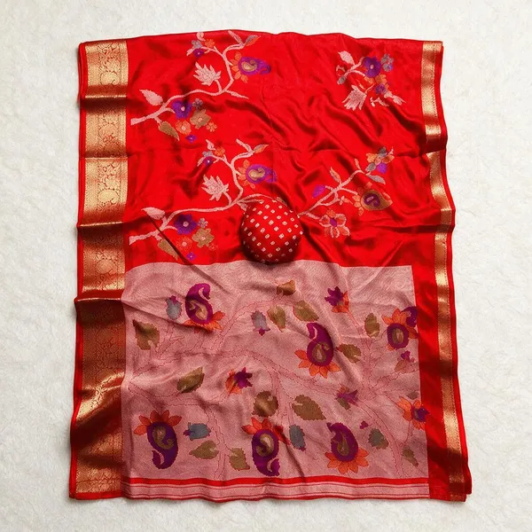 Red_Marsh_Mellow_Ajrakh_Kalamkari_Print_Gold_Jacquard_Border_Saree_For_Women