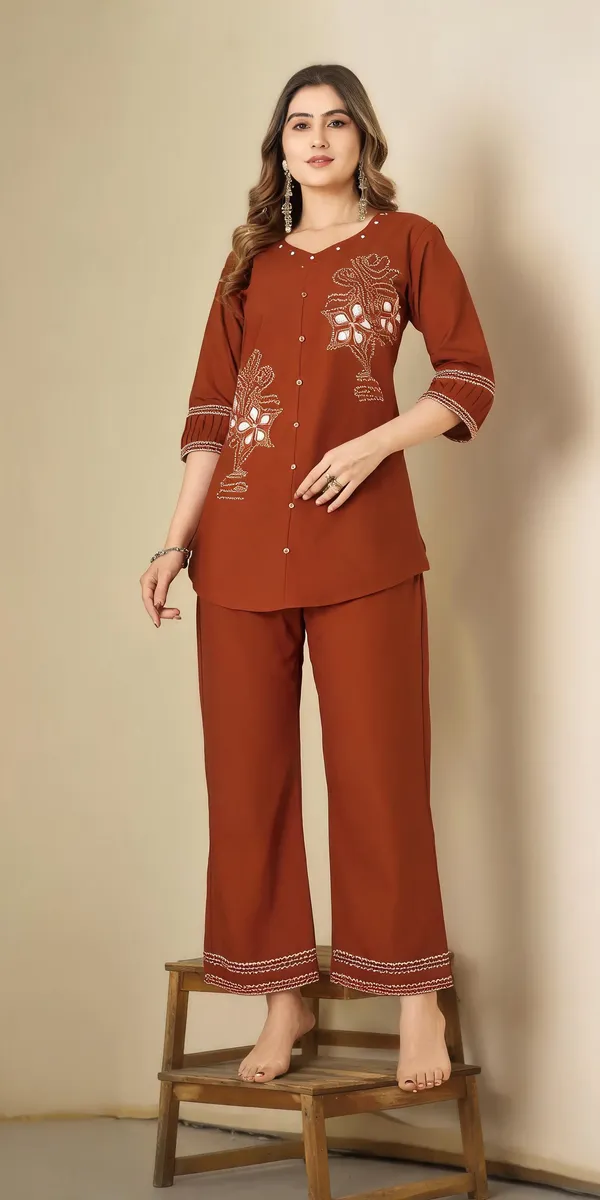 Rust_Pure_Cotton_Embroidered_Kurti_With_Palazzo_For_Women