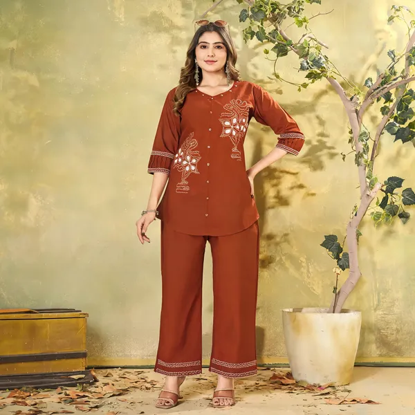 Rust_Pure_Cotton_Embroidered_Kurti_With_Palazzo_For_Women