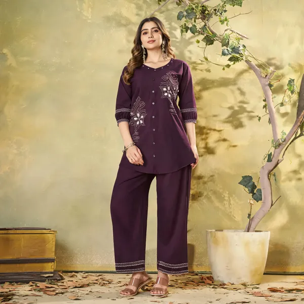 Wine_Pure_Cotton_Embroidered_Regular_Kurti_With_Palazzo_For_Women