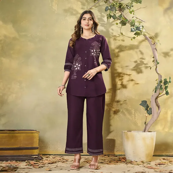 Wine_Pure_Cotton_Embroidered_Regular_Kurti_With_Palazzo_For_Women