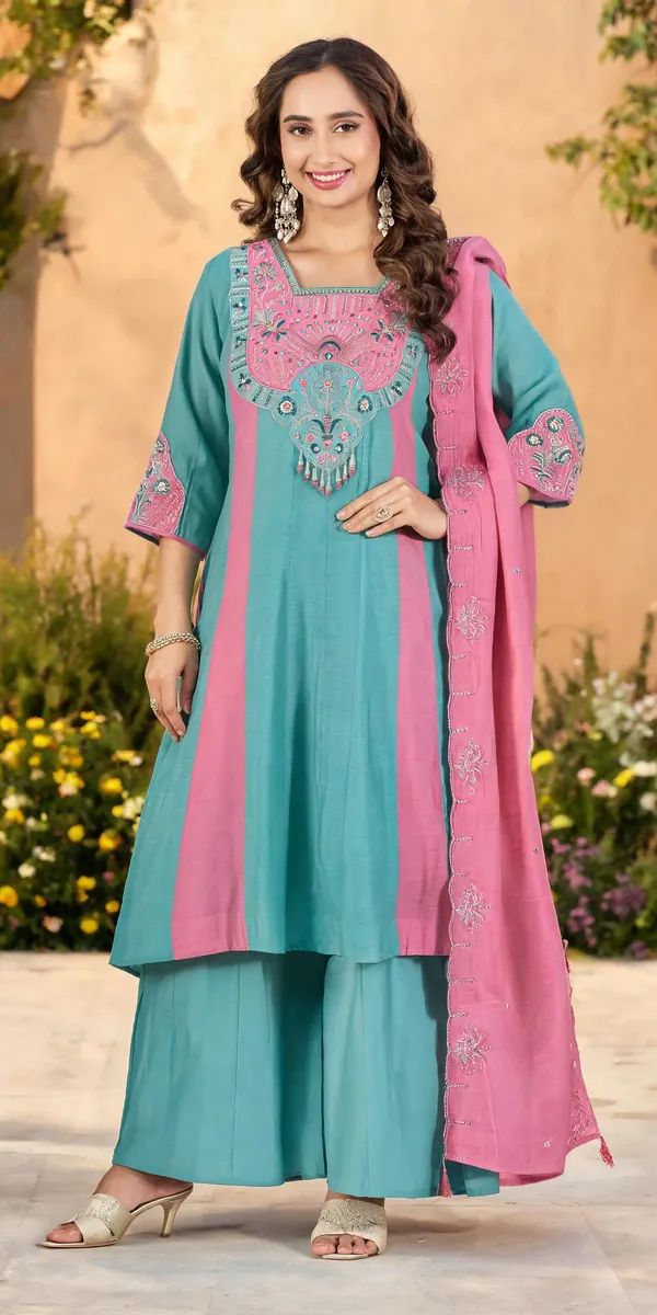 Pink_Sky_Blue_Mal_Chanderi_Embroidered_Kurti_Palazzo_With_Dupatta_For_Women