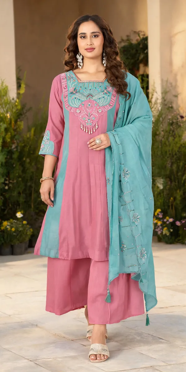 Sky_Blue_Pink_Mal_Chanderi_Embroidered_Kurti_Palazzo_With_Dupatta_For_Women