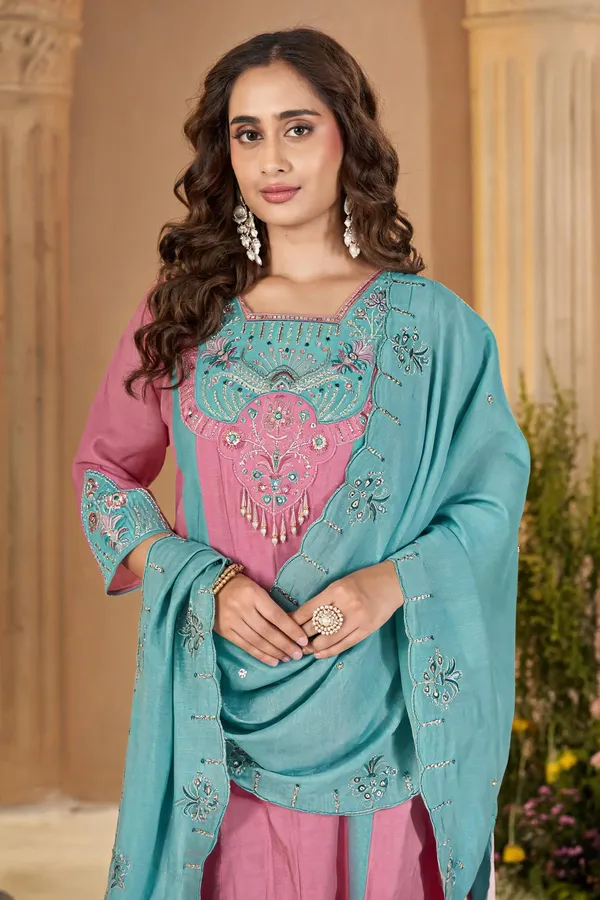 Sky_Blue_Pink_Mal_Chanderi_Embroidered_Kurti_Palazzo_With_Dupatta_For_Women
