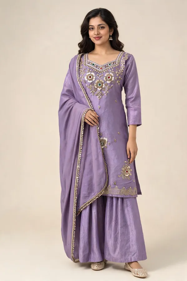 Purple_Glass_Silk_Embroidered_Kurti_Palazzo_With_Dupatta_For_Women