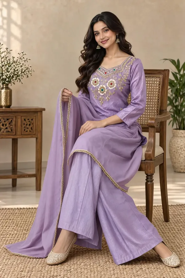 Purple_Glass_Silk_Embroidered_Kurti_Palazzo_With_Dupatta_For_Women