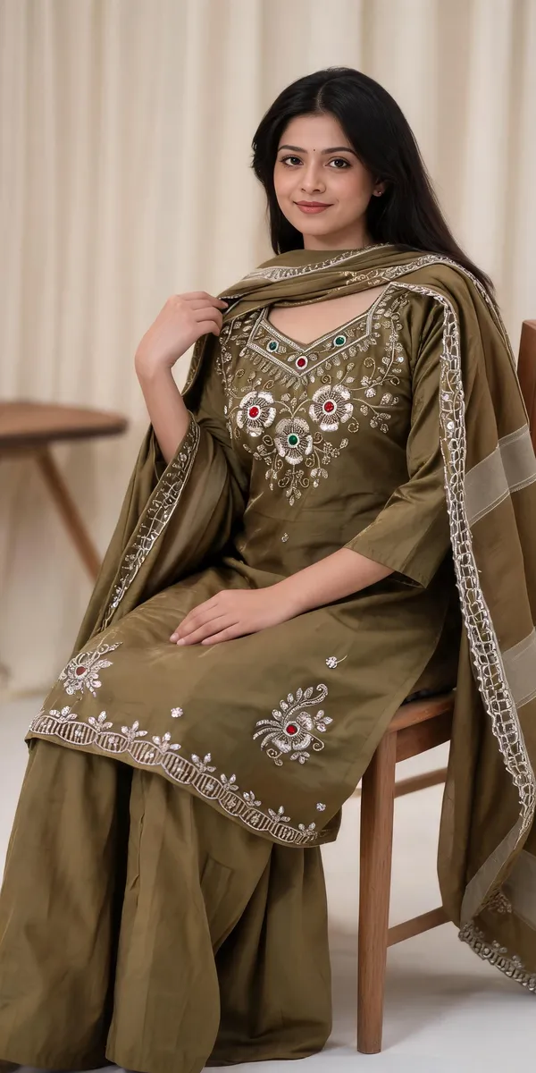 Mehendi_Glass_Silk_Embroidered_Kurti_Palazzo_With_Dupatta_For_Women