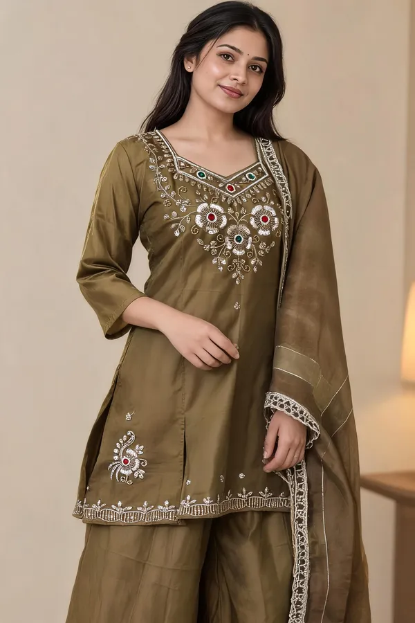 Mehendi_Glass_Silk_Embroidered_Kurti_Palazzo_With_Dupatta_For_Women