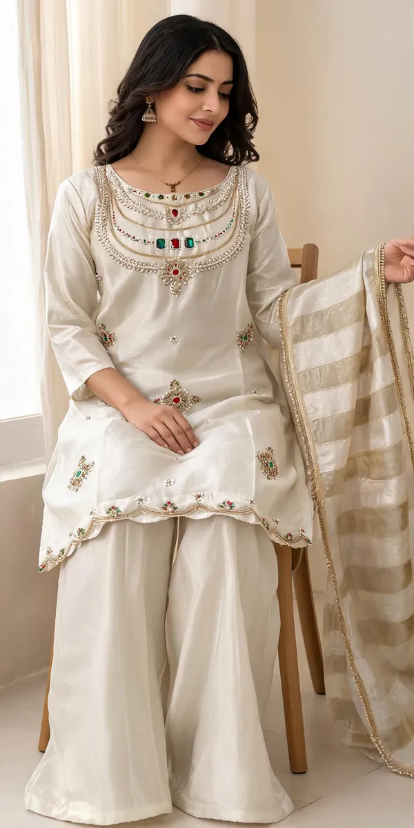 White_Glass_Silk_Embroidered_Kurti_With_Palazzo_And_Dupatta_For_Women