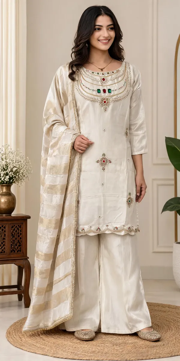 White_Glass_Silk_Embroidered_Kurti_With_Palazzo_And_Dupatta_For_Women