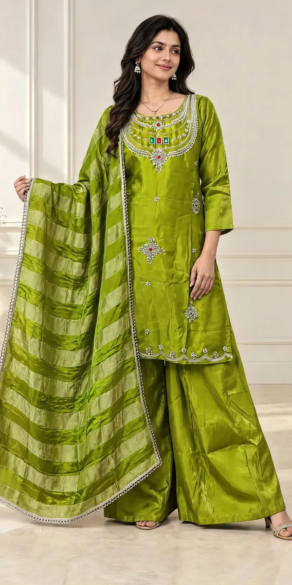Parrot_Green_Glass_Silk_Embroidered_Kurti_Palazzo_With_Dupatta_For_Women