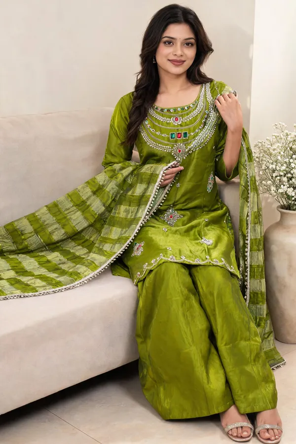 Parrot_Green_Glass_Silk_Embroidered_Kurti_Palazzo_With_Dupatta_For_Women