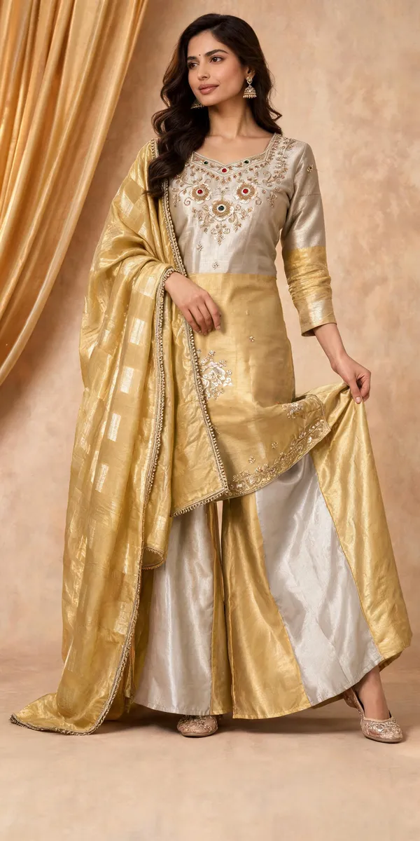 Grey_Gold_Banarasi_Viscose_Embroidered_Kurti_Palazzo_With_Dupatta_For_Women