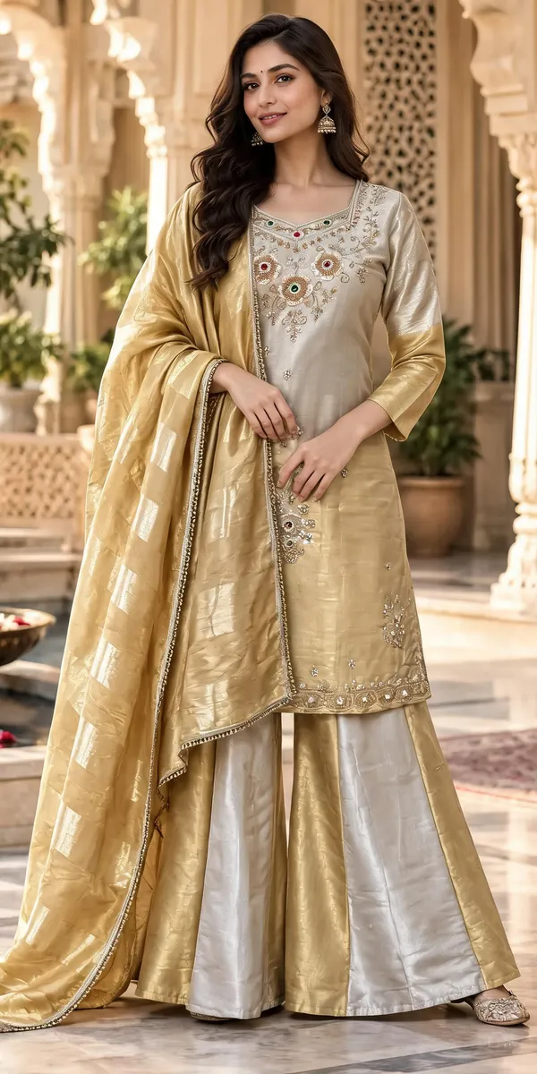 Grey_Gold_Banarasi_Viscose_Embroidered_Kurti_Palazzo_With_Dupatta_For_Women