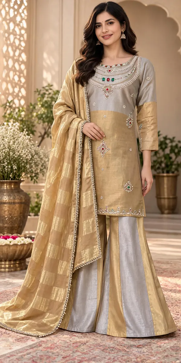 Grey_Gold_Banarasi_Viscose_Embroidered_Kurti_Palazzo_With_Dupatta_For_Women