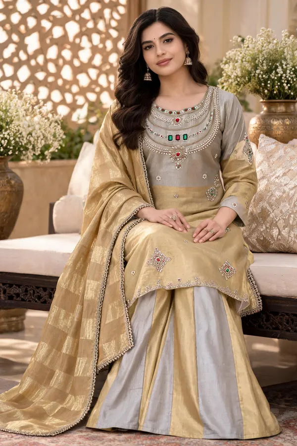 Grey_Gold_Banarasi_Viscose_Embroidered_Kurti_Palazzo_With_Dupatta_For_Women