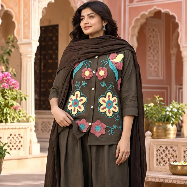 Brown_Pure_Nv_Herring_Embroidered_Kurti_Palazzo_With_Dupatta_For_Women