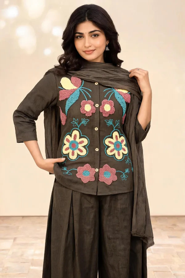 Brown_Pure_Nv_Herring_Embroidered_Kurti_Palazzo_With_Dupatta_For_Women