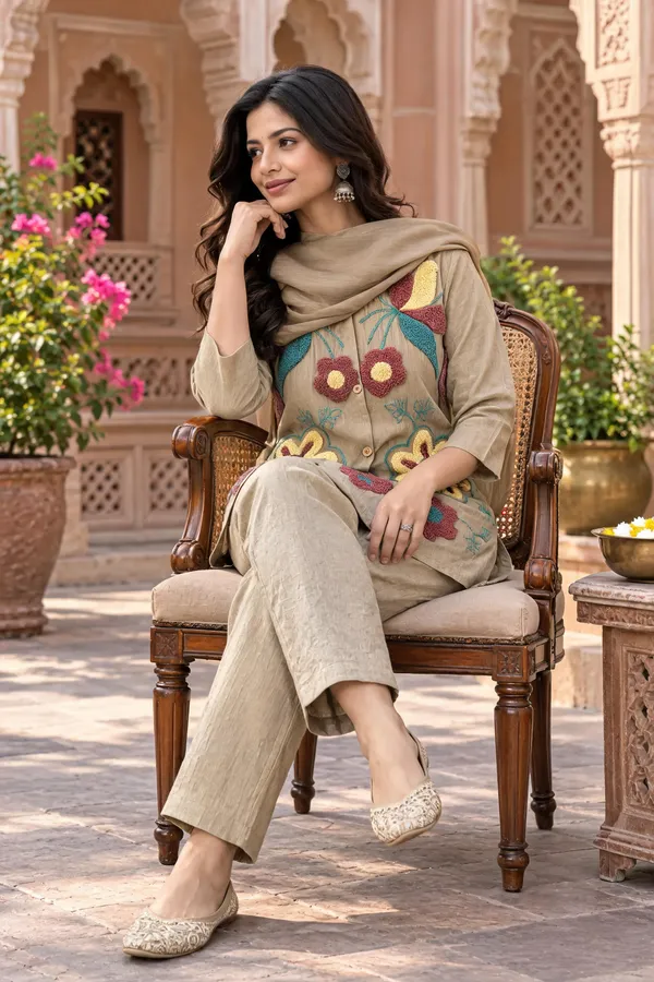 Cream_Pure_Nv_Herring_Embroidered_Kurti_With_Palazzo_And_Dupatta_For_Women