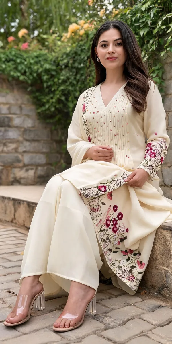 Cream_Mal_Chanderi_Embroidered_Kurti_Palazzo_With_Dupatta_For_Women