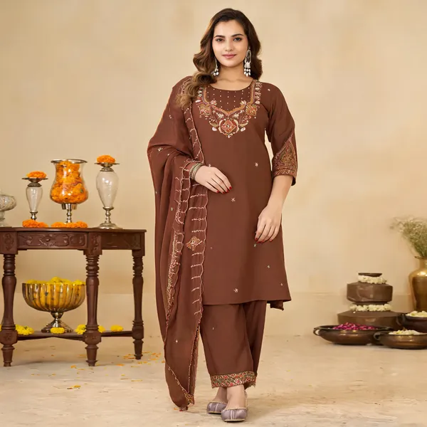 Brown_Marina_Silk_Embroidered_Kurti_Palazzo_With_Dupatta_For_Women