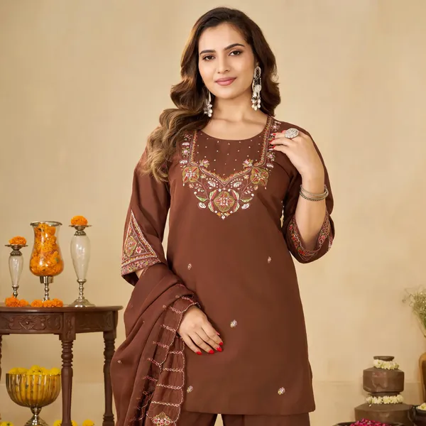 Brown_Marina_Silk_Embroidered_Kurti_Palazzo_With_Dupatta_For_Women