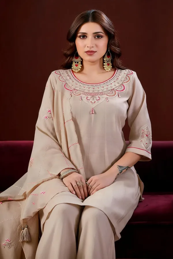 Cream_Mul_Slub_Embroidered_Kurti_Palazzo_With_Dupatta_For_Women