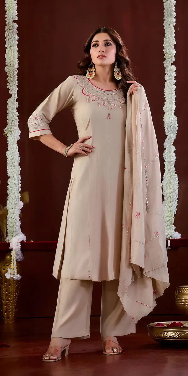 Cream_Mul_Slub_Embroidered_Kurti_Palazzo_With_Dupatta_For_Women