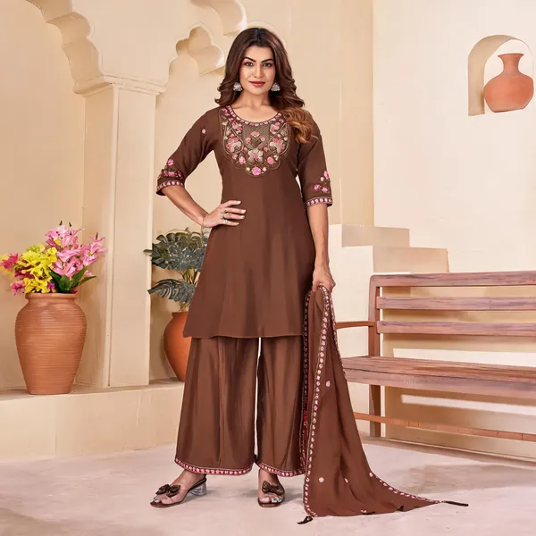 Brown_Pure_Cotton_Embroidered_Kurti_With_Palazzo_For_Women