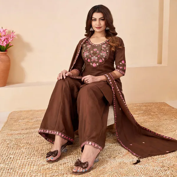 Brown_Pure_Cotton_Embroidered_Kurti_With_Palazzo_For_Women