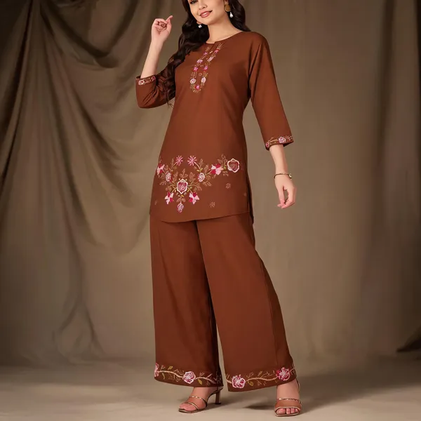 Brown_Pure_Cotton_Embroidered_Kurti_With_Palazzo_For_Women