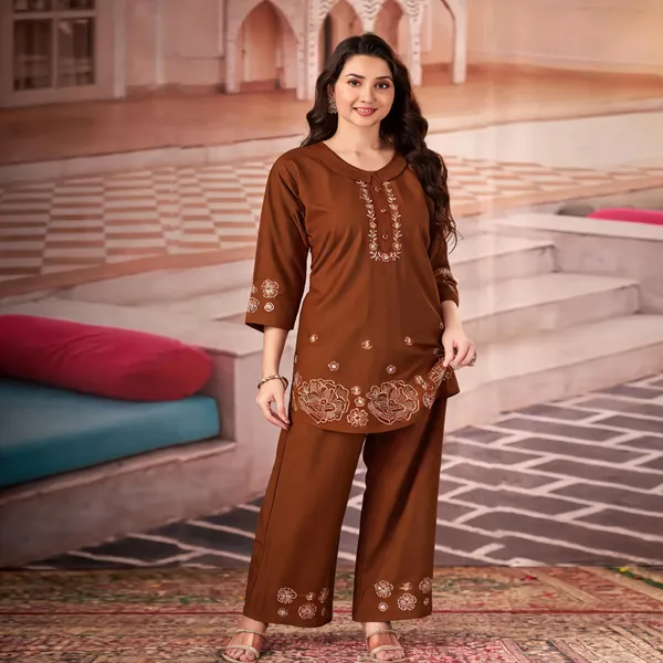 Brown_Pure_Cotton_Embroidered_Kurti_With_Palazzo_For_Women