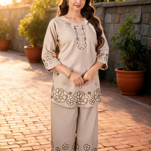 Cream_Pure_Cotton_Embroidered_Kurti_With_Palazzo_For_Women
