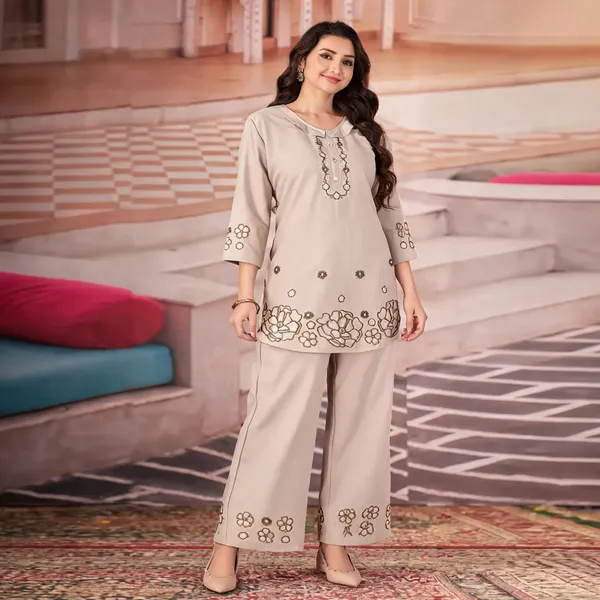 Cream_Pure_Cotton_Embroidered_Kurti_With_Palazzo_For_Women