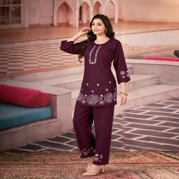 Wine_Pure_Cotton_Embroidered_Kurti_With_Palazzo_For_Women