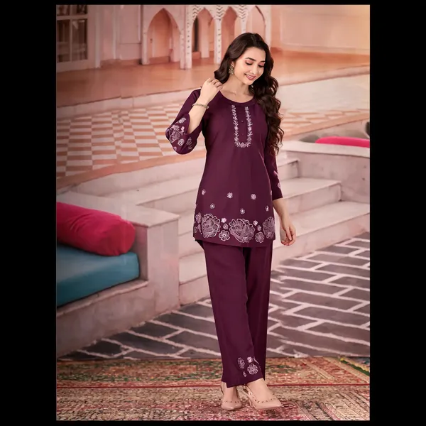 Wine_Pure_Cotton_Embroidered_Kurti_With_Palazzo_For_Women