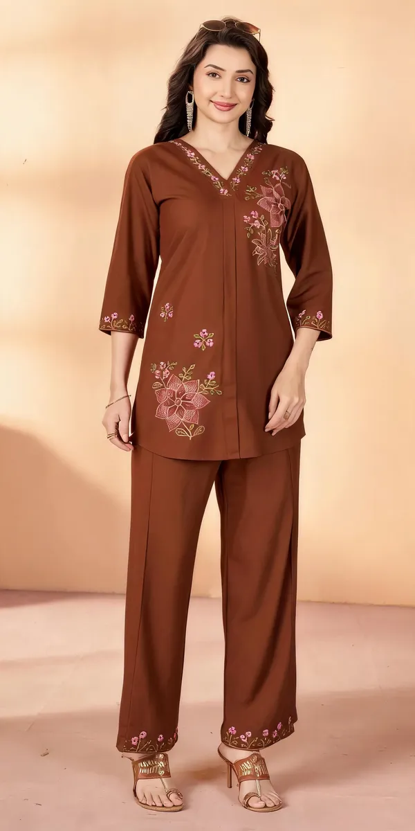 Brown_Heavy_Rayon_Embroidered_Kurti_With_Palazzo_For_Women