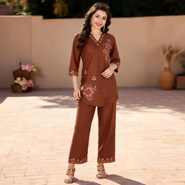 Brown_Heavy_Rayon_Embroidered_Kurti_With_Palazzo_For_Women