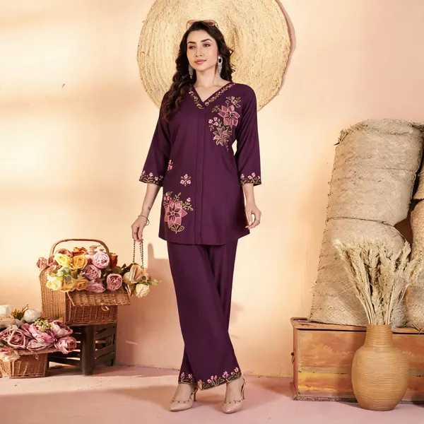 Wine_Heavy_Rayon_Embroidered_Kurti_With_Palazzo_For_Women