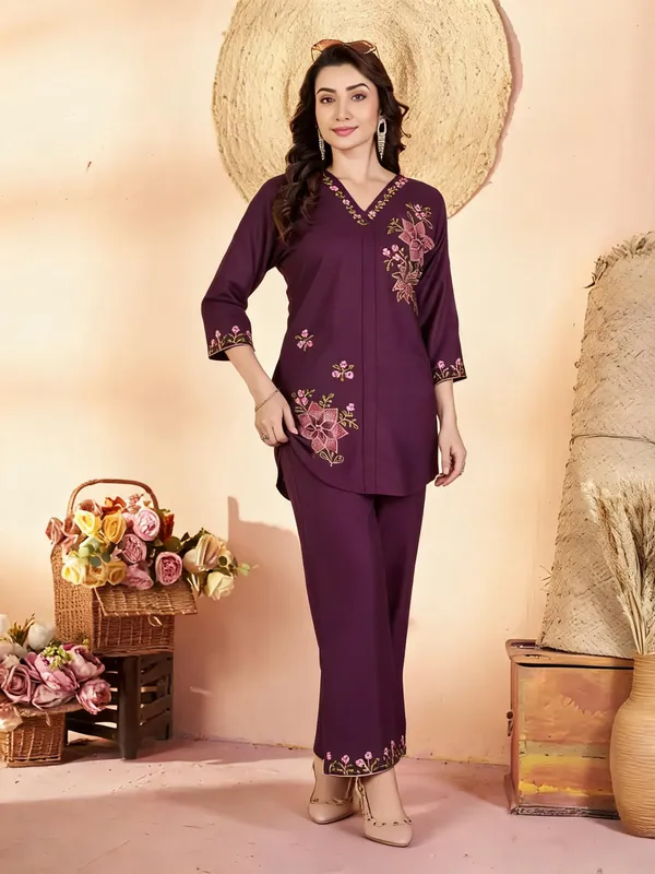 Wine_Heavy_Rayon_Embroidered_Kurti_With_Palazzo_For_Women