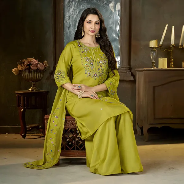 Parrot_Green_Marina_Silk_Embroidered_Kurti_With_Palazzo_And_Dupatta_For_Women