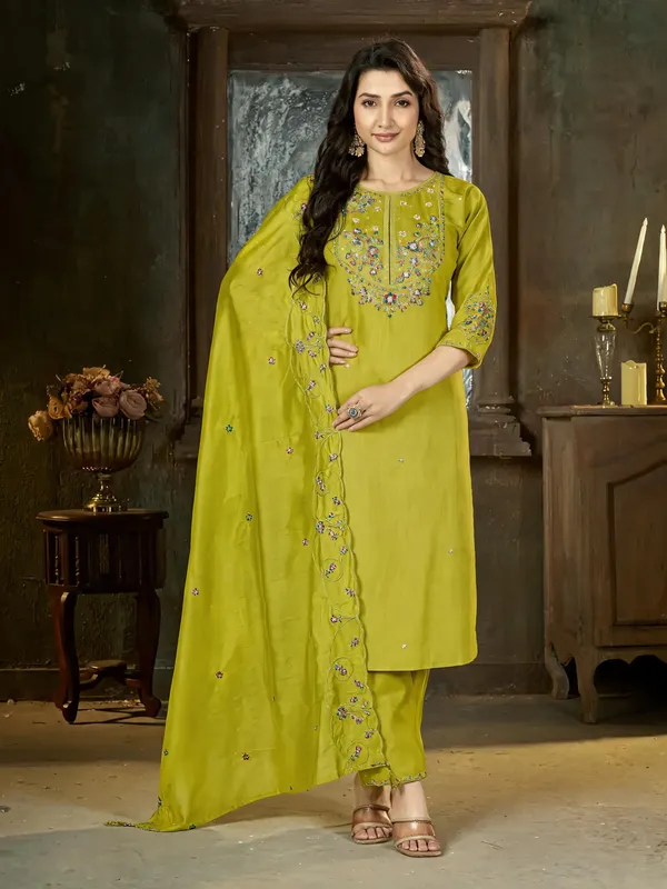 Parrot_Green_Marina_Silk_Embroidered_Kurti_With_Palazzo_And_Dupatta_For_Women