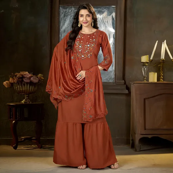 Rust_Marina_Silk_Embroidered_Kurti_With_Palazzo_And_Dupatta_For_Women